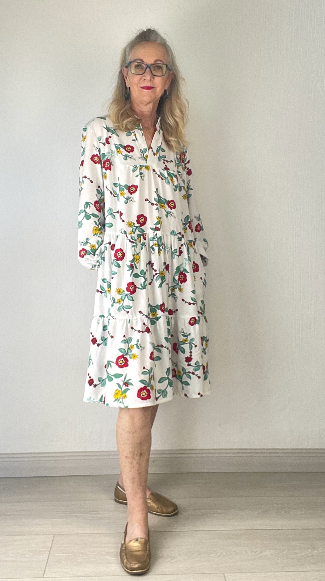 Janice dress- white with red flowers and long sleeves