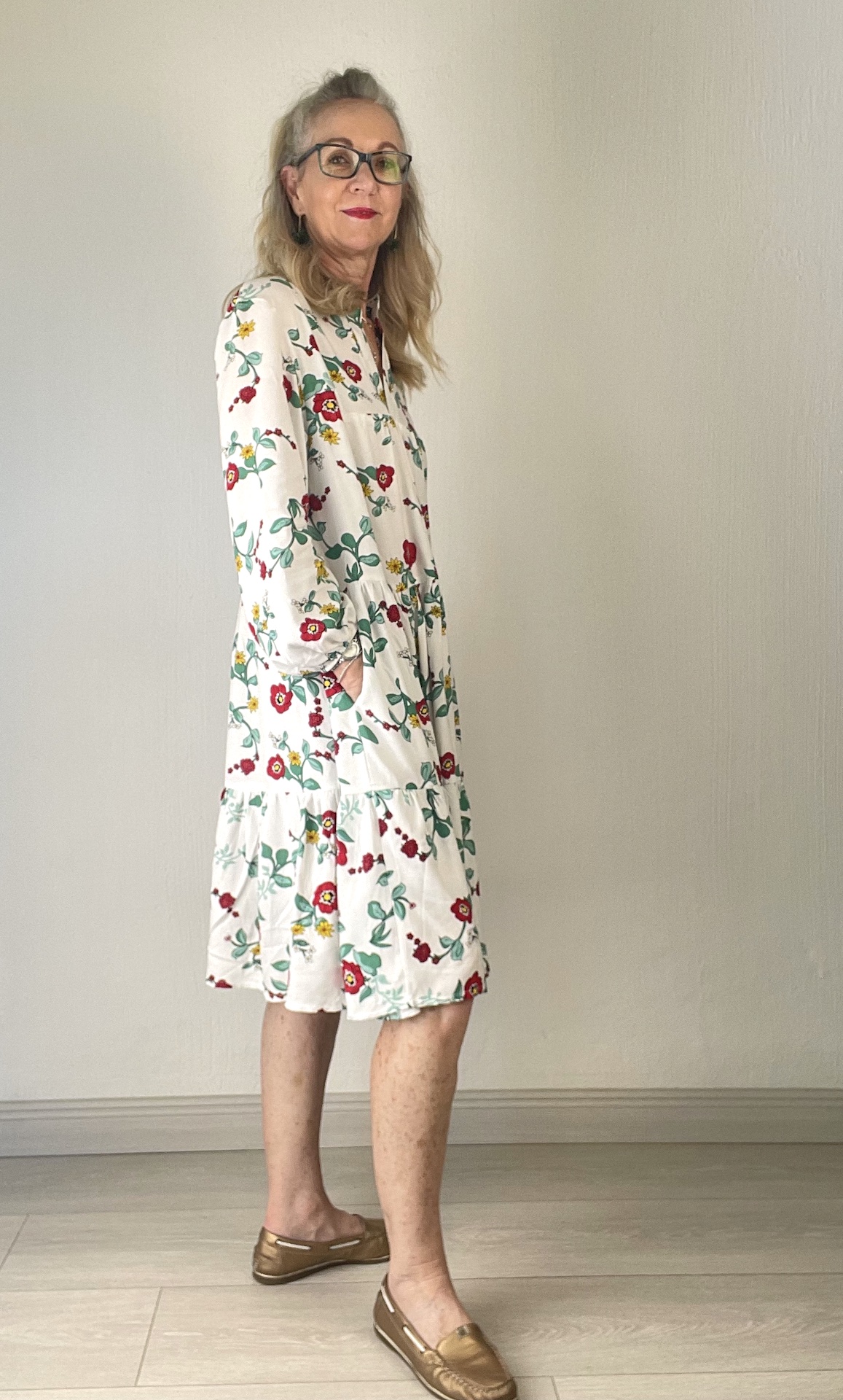Janice dress- white with red flowers long sleeve side view