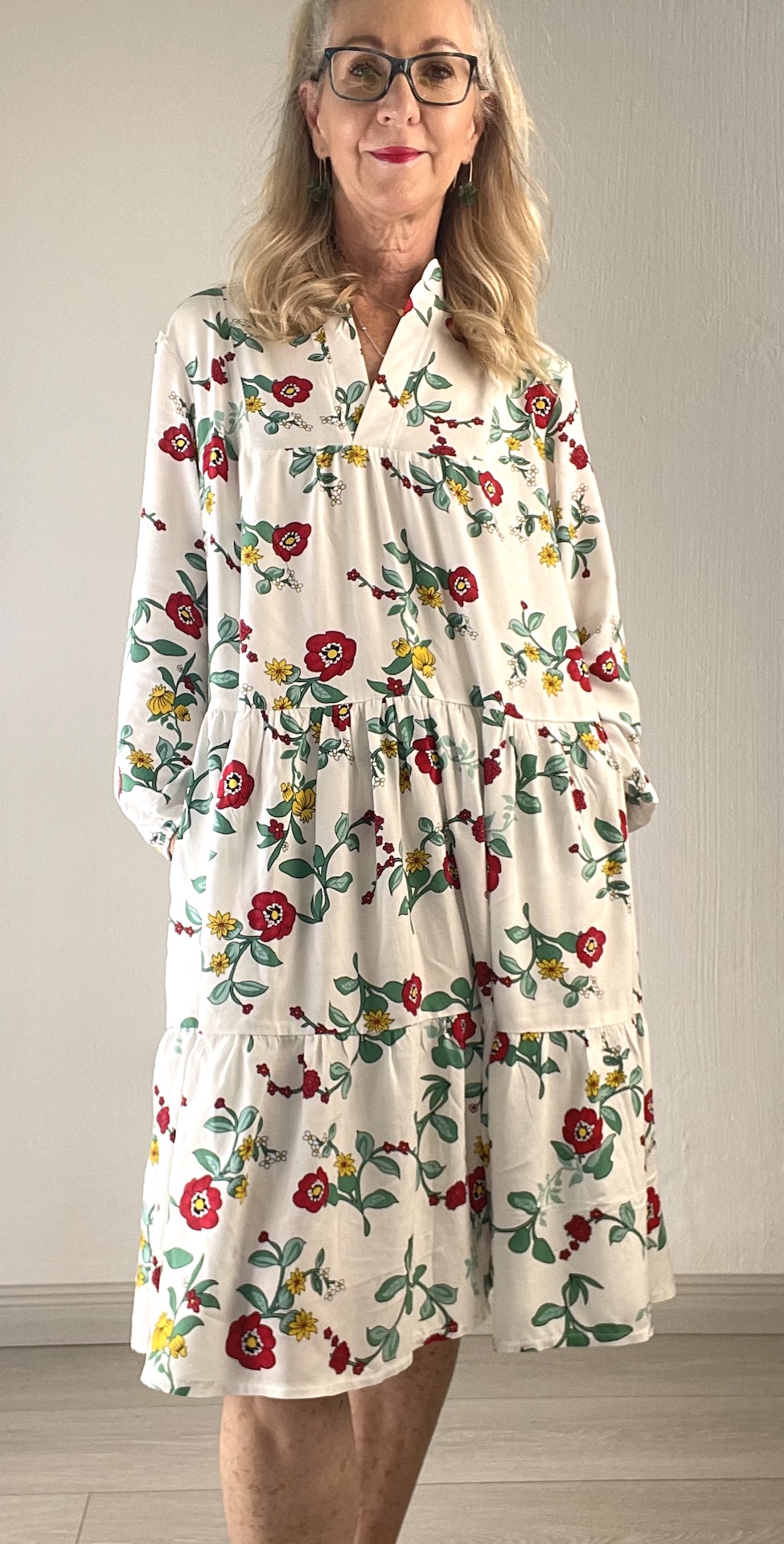 Janice dress- white with red flowers long sleeve