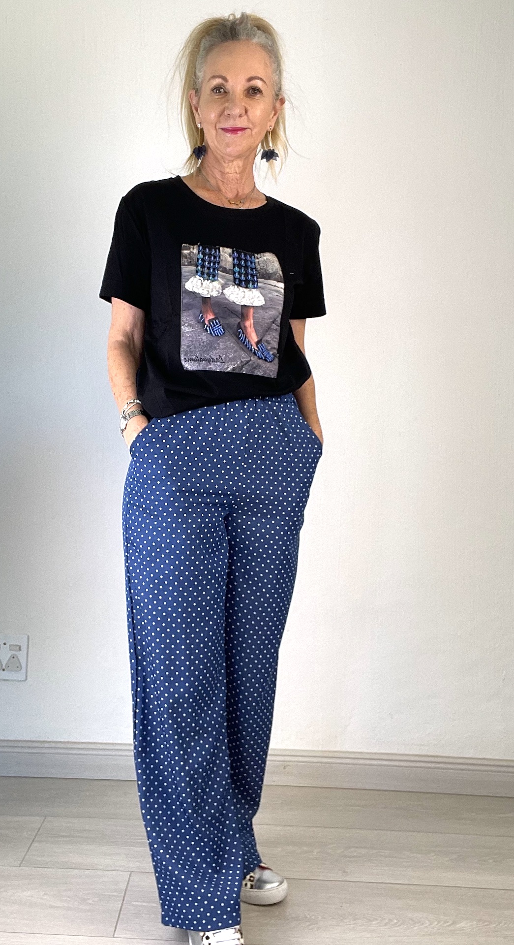 Sally pants with blue shoes t-shirt
