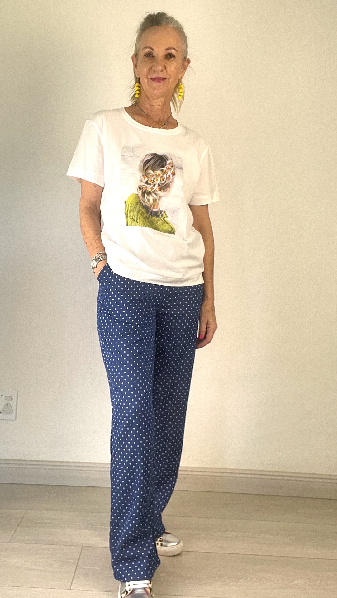 sally pants and green bling white t-shirt
